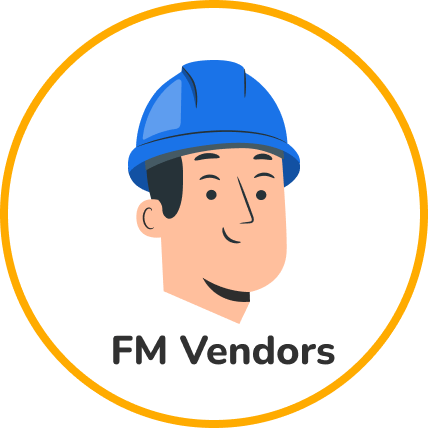 Illustration of an FM Vendor wearing a blue safety helmet, representing maintenance service providers in Sweven Marketplace.