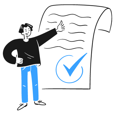 Cartoon man giving a thumbs up next to a checklist with a checkmark.