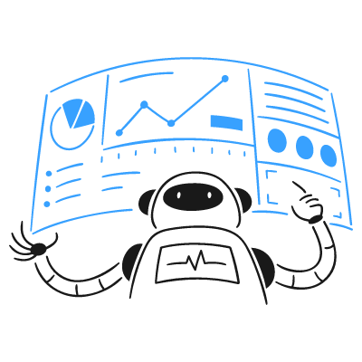 Illustration of a robot interacting with a data dashboard.