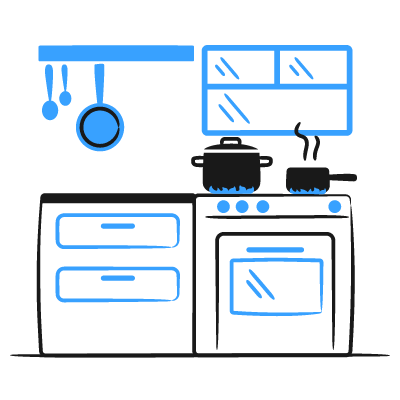 Cartoon illustration of a kitchen with a stove, cabinets, and hanging utensils on a gray background.