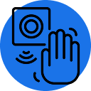A blue circular icon featuring a hand interacting with a sensor device, symbolizing touchless technology.