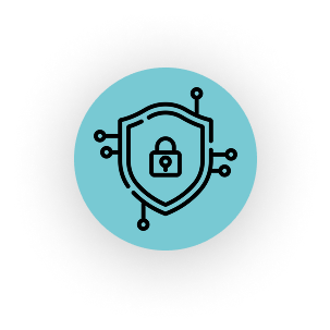 Security shield with a padlock inside, surrounded by digital nodes.