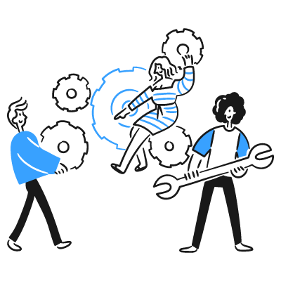 Three outlined figures interacting with gear shapes, gray background with blue accents.