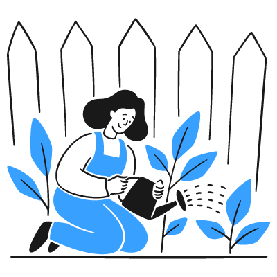 Illustration of a person watering plants with a watering can in a garden.