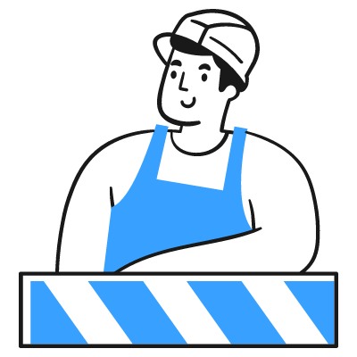 Illustration of a construction worker wearing a hard hat and blue overalls.