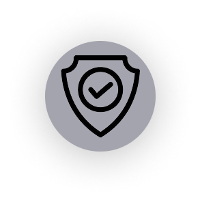 Shield icon with a checkmark inside, centered in a circle against a gray background.
