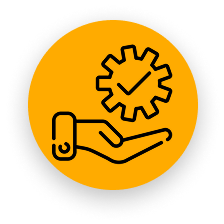 Hand holding a gear with a checkmark inside.