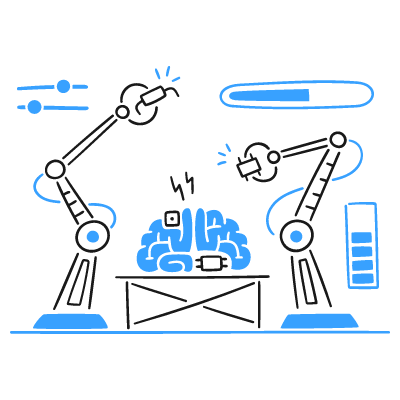 Illustration of robotic arms working on a brain on a table.