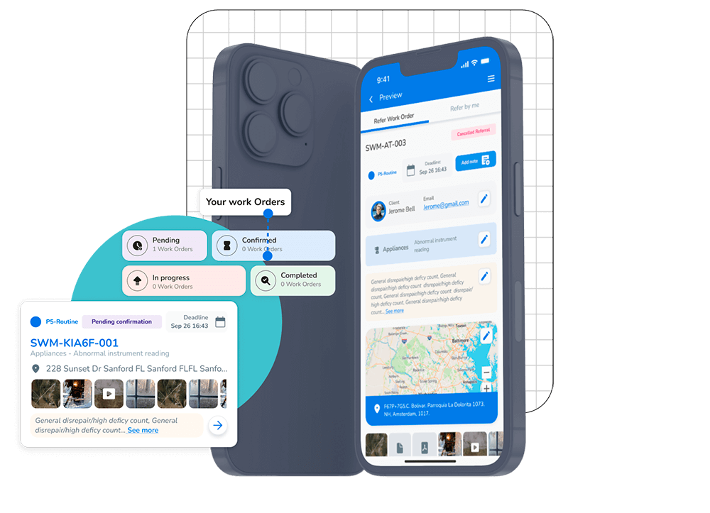Vendor dashboard showing work order management, job status updates, and automated dispatch in Sweven Marketplace.