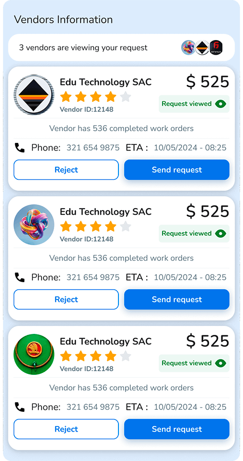List of vendors available for maintenance services with pricing and ratings.