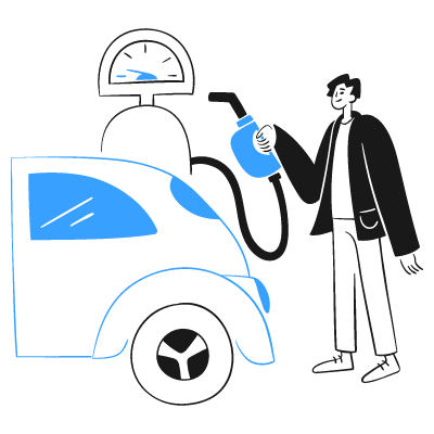 Cartoon drawing of a person at a gas station with a vintage-style car.