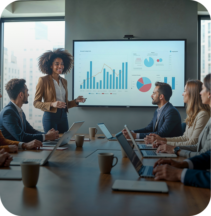 A woman with curly hair giving a presentation to a group of people in a meeting room with a large screen displaying charts.
