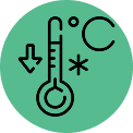 Icon of a thermometer with a snowflake and down arrow inside a green circle.