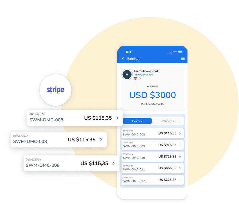 Mobile app screen displaying earnings with Stripe logo and transaction details on a light background with abstract shapes.