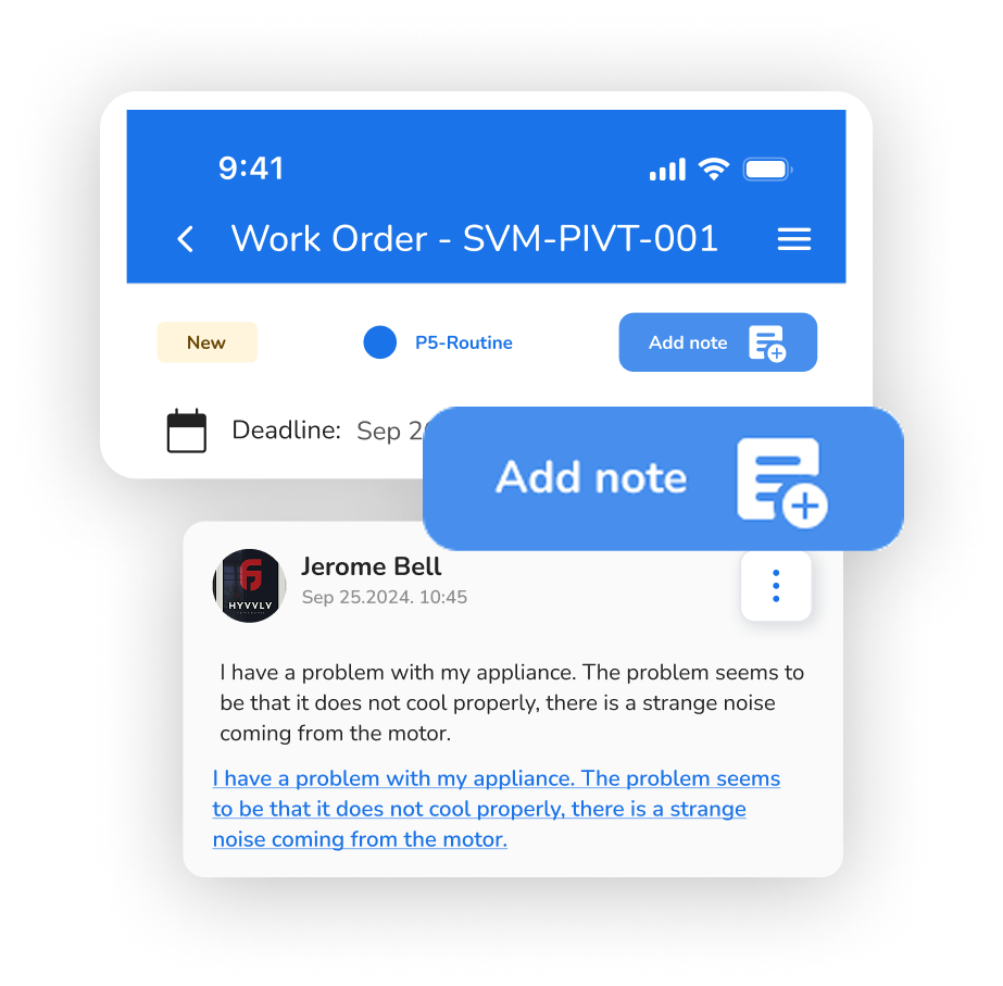 Mobile app interface displaying a work order screen with details and a comment section, with a floating "Add note" button on a light gray background.