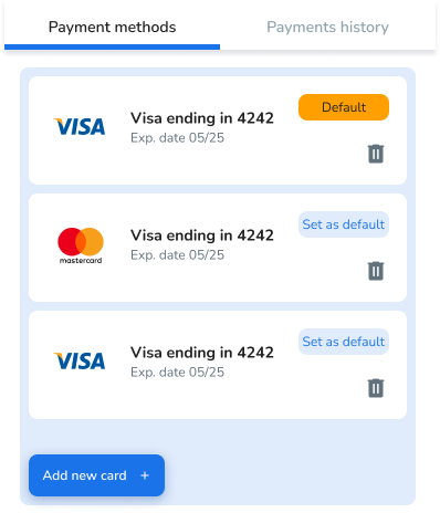 Mobile app interface displaying a list of payment methods with card details and options on a gray background.