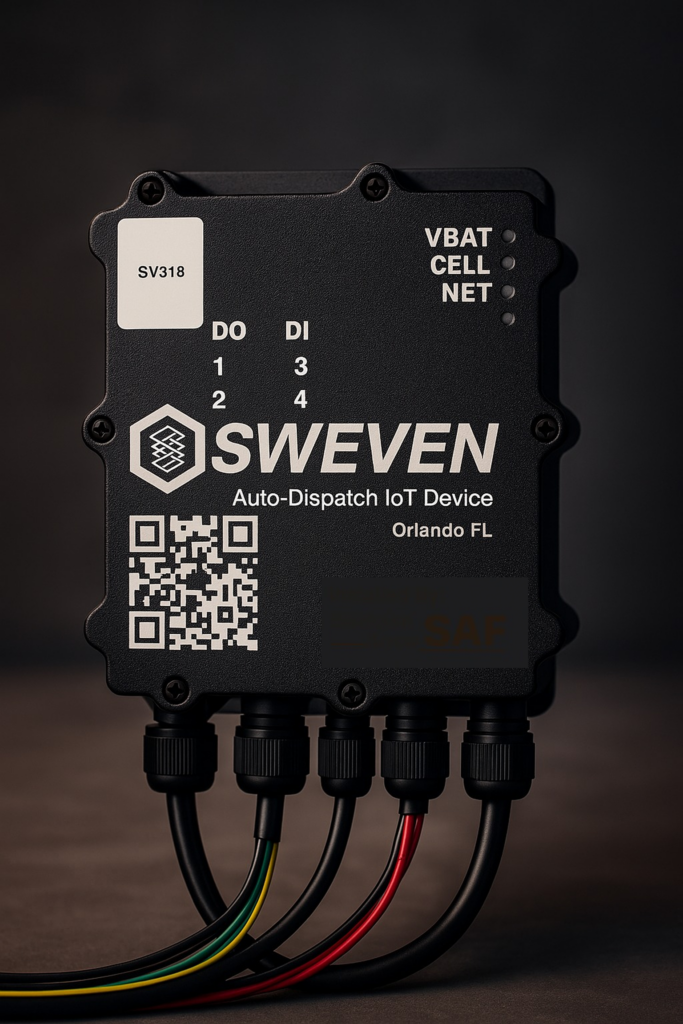 Close-up of a black SWEVEN Auto-Dispatch IoT device with labeled ports and cables connected.