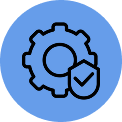 Icon of a gear with a shield and checkmark inside a blue circle.