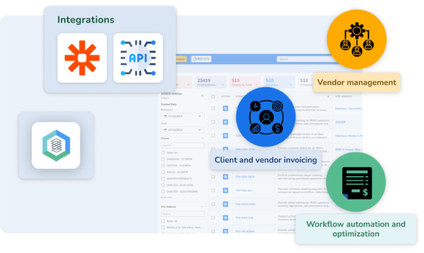 Dashboard interface with icons and text labels for integrations, vendor management, invoicing, and workflow automation on a gray background.