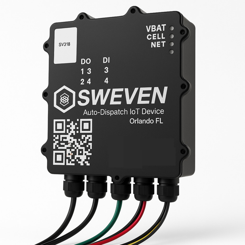 Black SWEVEN Auto-Dispatch IoT Device with QR code and labeled ports, showing cables and connectors on a light background.
