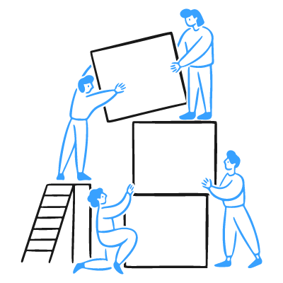 Illustration of four people collaboratively stacking large blocks to build a structure.
