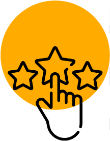 Icon of a hand clicking on three stars inside a yellow circle against a gray background.