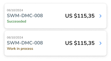 Two mobile app interface cards displaying transaction details with date, ID, amount, and status on a gray background.
