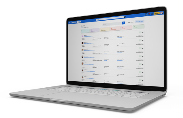 A white laptop displaying a web interface with a list of users, contact details, and actions, shown against a gray background.