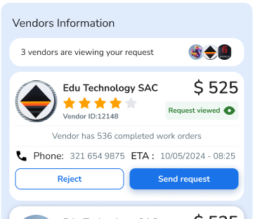 Mobile app interface displaying vendor information and request details on a light background.