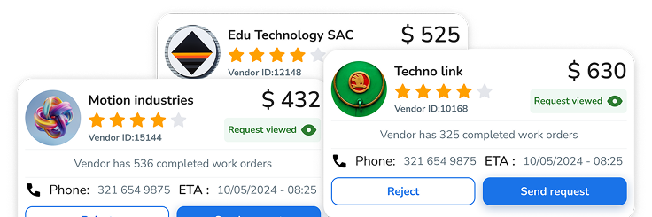 Three mobile app interface cards displaying vendor information, ratings, and payment details on a gray background.