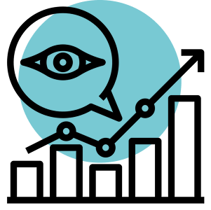 Icon of an eye inside a magnifying glass over a rising graph with bar charts, on a gray background with a teal circle.