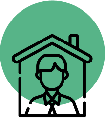 Icon of a person inside a house outline, within a green circle on a gray background.
