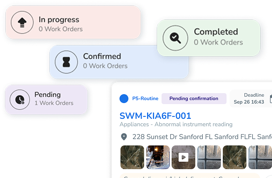 Mobile app interface displaying work order status cards and a detailed work order view on a gray background.