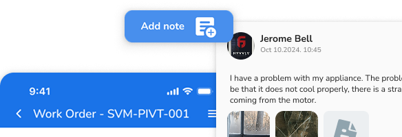 Mobile app interface with a work order title and a floating "Add note" button over a comment section.
