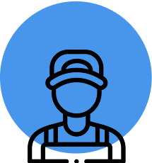 Icon of a person wearing a cap and overalls, inside a blue circle against a gray background.