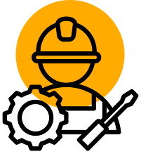 Icon of a worker wearing a hard hat, with a gear and a screwdriver, inside an orange circle on a gray background.