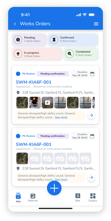Mobile app interface displaying a list of work orders with different statuses and details on a gray background.